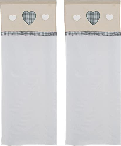 HOME ZEN HOUSEHOLD LINEN Par de cortinas de cristal de cocina Art Orleans Shabby tejido efecto lino seda de poliéster con cenefa escocesa y tres corazones aplicados medidas 60 x 150 cm dis rizo gris