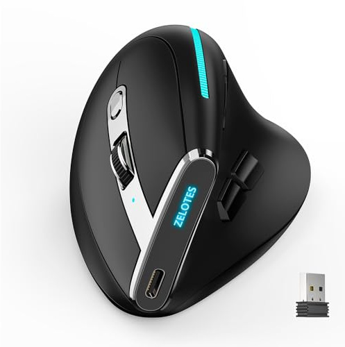 Kabellose Maus, ergonomisches Design, Bluetooth 5.0 + 2.4GHz, wiederaufladbare vertikale Maus über USB, 8 programmierbare Tasten, 5 DPI-Stufen, 3 Modi, Maus für PC, MacBook und Laptops, Schwarz
