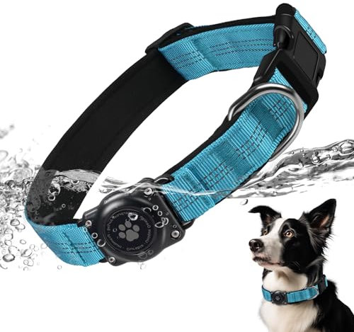 AirTag Hundehalsband, IP68 wasserdichte Integriertes Apple Air Tag Halter Hundehalsband mit AirTag Halter, Reflektierend, Besonders haltbar, Hundehalsbänder für mittlere große Hunde (Blau, M)