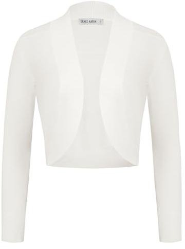 Damen Elegante Bolero Langarm Strickjacke Vorne Offen Schulterjacke Festlich Shrug Cardigan L Ivory CL2963S24-01