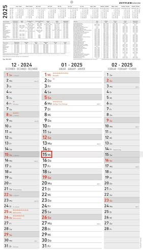 Zettler - 3-Monatskalender Streifenplaner 2025, 33x58,8cm, Bürokalender mit Jahresübersicht, Datumsschieber, faltbar, 3 Monate auf einen Blick, Feiertage/Ferientermine DE/AT/CH und Kalendarium DE