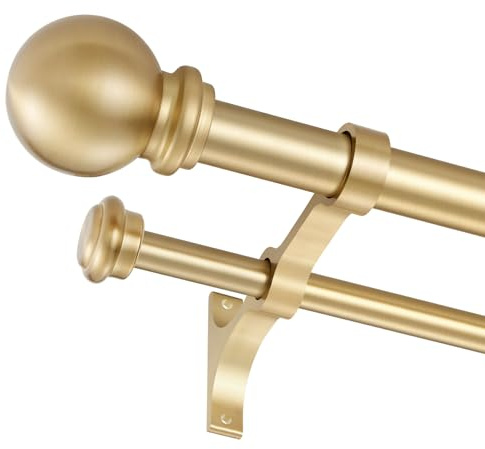 YuMierle YM-265 - Barra de cortina doble, ajustable de 1 pulgada para ventanas de 28 a 48 pulgadas, remates redondos de bola con juego de soportes (28-48 pulgadas, dorado),