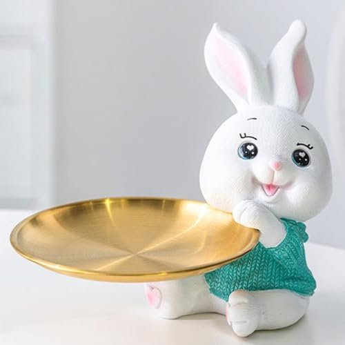 Starnearby Plateau Clé Entrée Statue Lapin Vide Poche, Bol Clé Entrée Sculpture en Résine, Statue avec Plateau, Plateau Rangement Clef, Bijoux, Plateau Porte Clé et Accessoires, Décoration