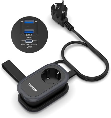 TESSAN Reise Steckdosenleiste mit 3 USB, Mehrfachsteckdose mit USB C Schnellladen, 4 in 1 Mehrfachstecker 4000W, Verlängerungskabel 1,4M mit Veranstalter Band, Verteilersteckdose für Reisen und Büro