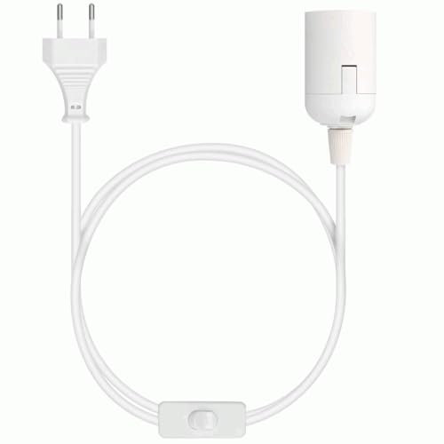 TECHZOCO Portalámpara E27 con Interruptor, Adaptador de lámpara e27, Base para Bombilla, Enchufe + Interruptor ON/Off, Cable 2 Metros, Casquillo E27, Diseño clásico, máx. 60W, Blanco