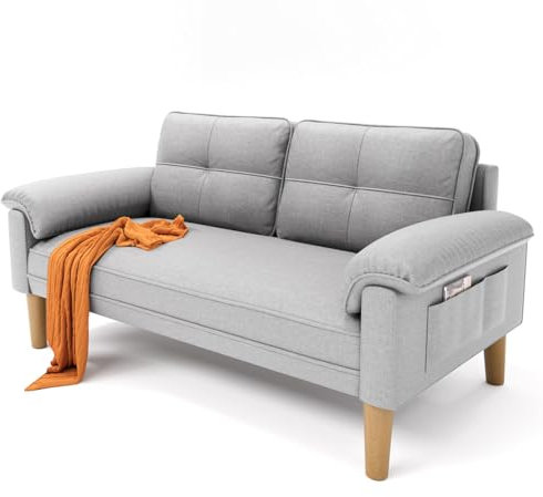 Xbro Sofá 2 Plazas con Reposabrazos y Bolsillo Lateral, Sofá Compacto de Tela para Salón, Apartamento u Oficina, Montaje Fácil, 145 x 77 x 77 cm, Gris Claro