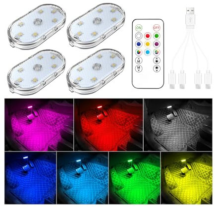 4 PCS Car Led Lights Interior with Remote Control,7 Colors Ambient Lighting Car Interior,USB Rechargeable Car Interior Reading Light,Portable Led Lights for Car