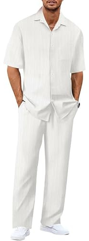 Oanviso Ensemble Chemise et Pantalon Homme Décontracté Ete Costume Casual Chic Leger Vêtement de Detente Maison Sportswear Jogging Tenue de Plage Vacances Set Outfit Blanc M