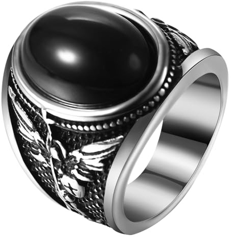 JewelryWe Helig Michael-ring med obsidian: Rostfritt stål herrring ärkeängel St Michael ring herr sigillring med svart oval obsidian retro skydd fingerring skyddshelgonsmycke storlek 65