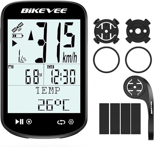 Bikevee Wireless GPS Bike Computer Bluetooth ANT+ 2.6 Display Altitude Speed Distance Trip Time Total Distance Backlight IPX7 Waterproof Cycling Computer for Road MTB Bikes - Out Front Extended Mount