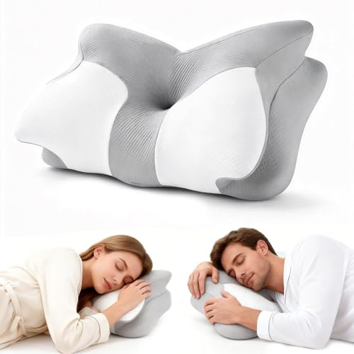 Oskuglin Almohada Cervical y de Cuello 2 en 1, Almohada Ergonómica de Espuma Viscoelástica con Soporte, Altura Regulable 9/15 cm para Dormir de Lado, Boca Arriba o Boca Abajo, Funda Lavable 62×40 cm