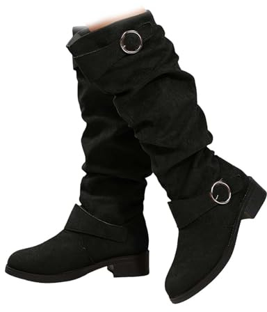 Stivali da donna rugosi al ginocchio con cinghie con fibbia, stivali piatti alti e morbidi da donna, scarpe da combattimento con tacco piatto, Nero , 40.5 EU