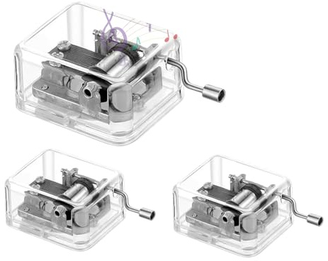 Set di 3 carillon con manovella in acrilico – Carillon trasparente per adulti con 3 melodie – Elegante decorazione & idea regalo speciale per ricordi (compleanno, Natale)
