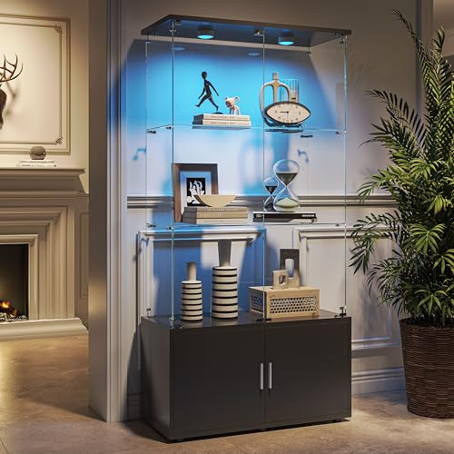 KSFASHZ Vitrina de cristal negro con 4 pisos, vitrina de cristal con cerradura, 78,5 × 35 × 164 cm, vitrina de vidrio para salón con LED, vitrinas expositivas de vidrio, negro