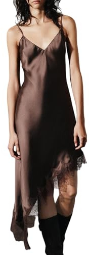 Women Lace Satin Asymmetrical Dress Y2k Spaghetti Strap High Low Silk Dress Sexy Layering Slip Dresses Party(Sexy Brown,Large)