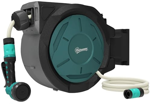 Outsunny Enrouleur Tuyau Arrosage Mural 25 m x Ø 15 mm, Dévidoir Automatique de Tuyaux d'Eau Rétractable Automatique Pivotant à 180°, Buse à 7 Modes, pour Jardin et Lavage de Voiture, vert