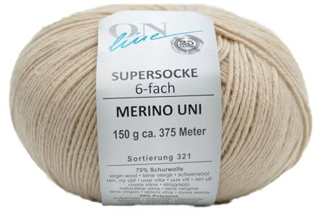 Sockenwolle 6-fädig einfarbig | Online Supersocke 6-fach 321 Merino Uni | dickes Sockengarn mit Merinowolle zum Stricken und Häkeln (5021 natur beige)