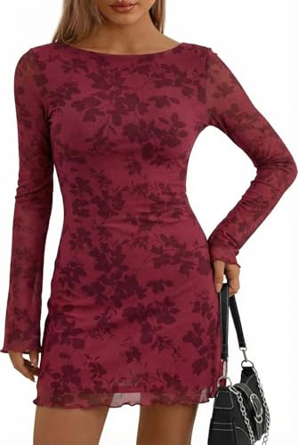 Sukiglam Vestido Mujer Manga Larga Cuello Barco Vestidos Corto de Malla Transparente con Estampado Floral Sexy Mini Vestido de Fiesta Elegante Otoño Invierno Vestidos Ajustado para Cóctel Club Casual