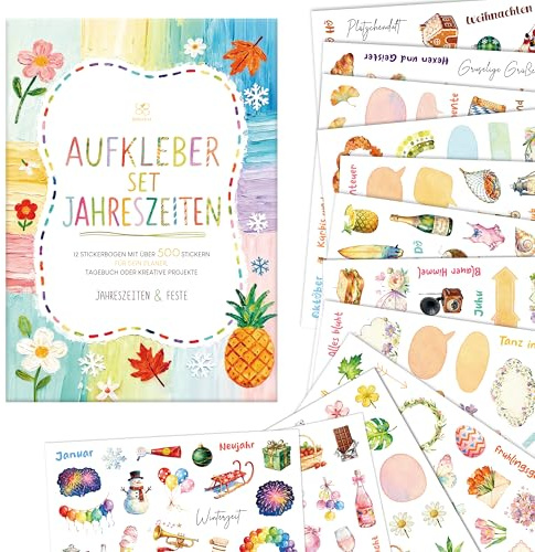 BIROYAL 12 Blätter Jahreszeiten Sticker Set - über 500 Scrapbook Sticker für Fotoalbum Bullet Journal Zubehör Deko - DIY Scrapbooking Aufkleber für Kinder Erwachsene Basteln Geschenke (17 x 24 cm)