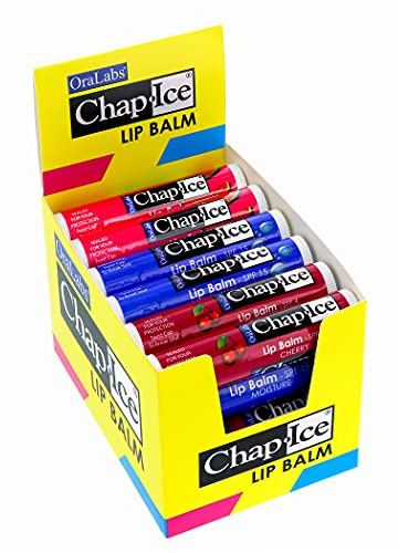Chap-Ice® | Premium and Traditional Lip Balm for Chapped, Dry, or Windburned Lips | 3 Flavor Assorted (SPF-15) - Cherry, Moisture & Watermelon - 24 Sticks (0.15oz/4.25g)