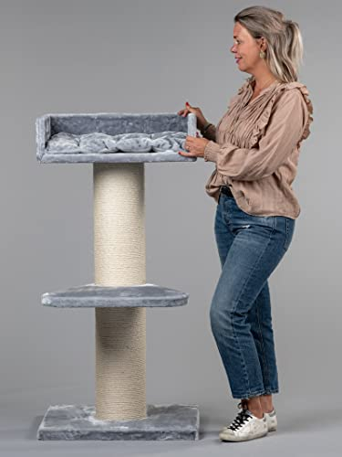 RHRQuality Kratzbaum für große Katzen – Maine Coon Lounge – 120 cm hoch – mit extra dicken 20 cm Sisalstämmen – hellgrau