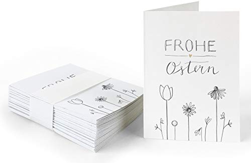 25 Geschenkanhänger - Frohe Ostern - Ostergrüße in Weiß mit Blumen, originelle Mini Osterkarten zum Ostergeschenke Beschriften, edel exklusiv individuell, A7 Recyclingpapier Klappkarten