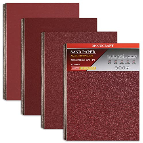 Mojucraft 20 Blatt Schleifpapier Set 40/80/120/220 Körnungen für Holz und Metall, 230x280 mm Mehrzweck-Schleifpapier Blätter für Handschleifer