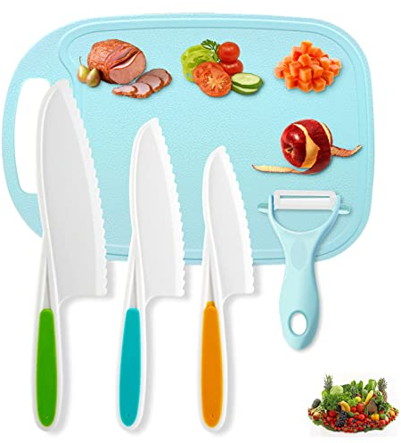 Coltelli sicuri per bambini, set di coltelli in nylon per bambini, set di coltelli solidi e reali, adatti per principianti, riutilizzabili, per frutta, cucina, 5 confezioni di 5 pezzi, blu