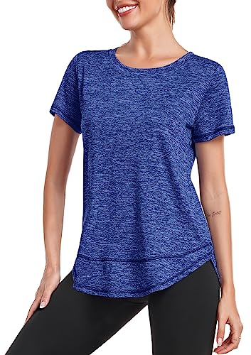 Deaviya Sport T-Shirt Damen, Kurzarmshirt Frauen, Workout Tops Rundhalsausschnitt Athletisch Lässig Laufen Yoga Fitness T-Shirts Locker Seite Split Tee