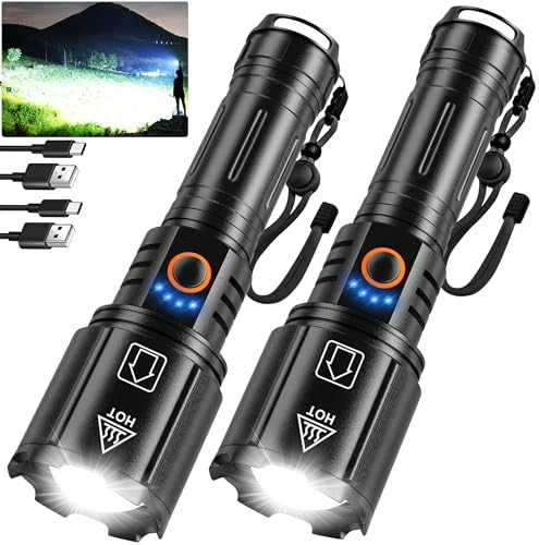 NiaoChao Flashlights High Lumens Rechargeable, 2 Pack Flash Light 900000 Lumen Super Bright Led Flashlight with ΒATTERY, 5 Modes, IPX6 Waterproof