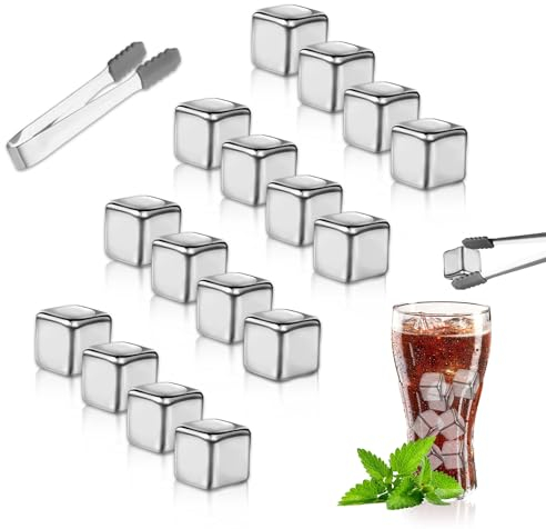 RYAN 16 Pezzi Cubetti di Ghiaccio Riutilizzabili con 1 Pinze e 1 Scatola Trasparente Cubetti Set Ghiaccio Acciaio Inox Pietre Refrigeranti per Raffreddare Vodka Vino Amanti del Whisky Cocktail