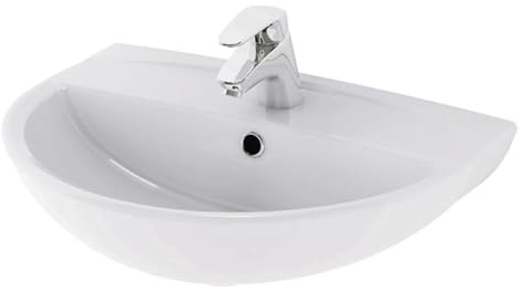 Belvit Keramik Waschbecken 60cm - Kompaktes Tulpen Wandwaschbecken mit Hahnloch - Stilvolles Modell für Bad & Gäste-WC - Weißes Design-Becken aus robuster Sanitärkeramik