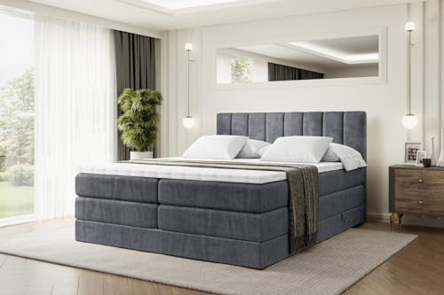 ALTDECOR Boxspringbett mit Matratze und Lattenrost, Topper, Polsterbett mit Bettkasten, Bett mit Stauraum H3- und H4- Matratze, Doppelbett, Springboxbett - OTTA King - 180x200 - Dunkelgrau Samt