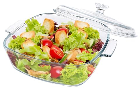Oungy Pirofila in vetro con coperchio, 1,5 l, rettangolare in vetro con coperchio e maniglie, teglia in vetro con coperchio, per 2 persone, adatta al microonde, adatta al forno
