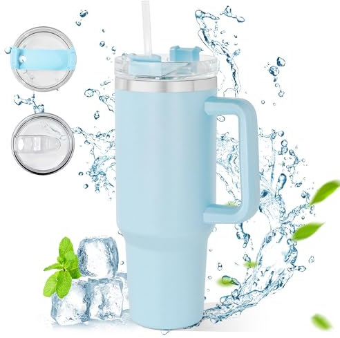 AGH life 1182ML 40OZ Mug Isotherme, Tasse à café à paroi double isolée sous vide acier couvercle, Café avec poignée et Paille Gobelet Isotherme Réutilisablestient (bleu)