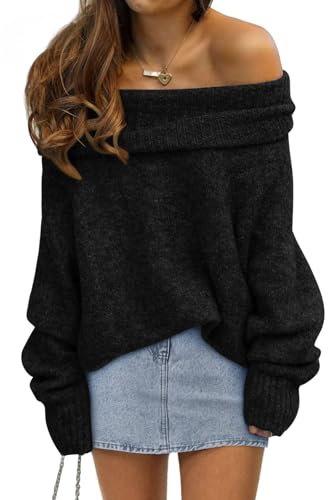 LILLUSORY Off The Shoulder Sweater Tops Oversized Stay Put Neckline Ultra Soft Perfect for Going Out Date Nights Casual Evenings Black M