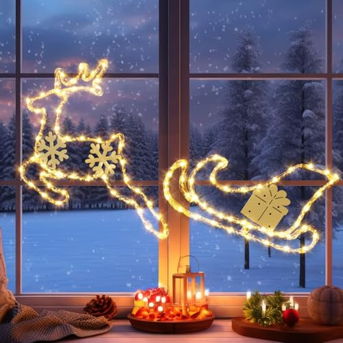 GlobaLink 95LEDS Fensterdeko Rentier mit Schlitten -1M Weihnachtsdeko Innen Warmweiß, Batteriebetrieben Weihnachtsbeleuchtung Außen Weihnachtslichterkette für Fenster Wand Zimmer Terrasse Balkon