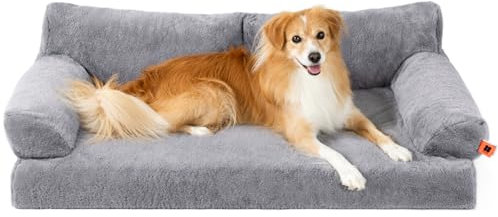 MEWOOFUN Orthopedic Dog Sofa Bed Large - Waterproof Dog Couch Bed, Anti Anxiety Plush Cover for Puppies, 105x70x30cm (Grey, XL)
