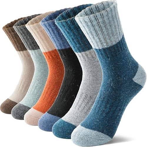 MOSEY KOSY 6 Paia Calzini Bambini Lana Merino per Camminare Ragazzi Ragazze Neonati Inverno Termici Spessi Caldi Imbottiti Calzini Crew da Escursionismo(Blocchi di Colore,29-34)