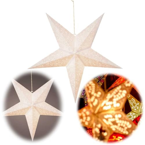 LS-LebenStil Samt Papierstern Faltstern Ø 60cm Weiß Ornament 20 LED Beleuchtet Weihnachtsstern Batteriebetrieb Leuchtstern Weihnachten hängend