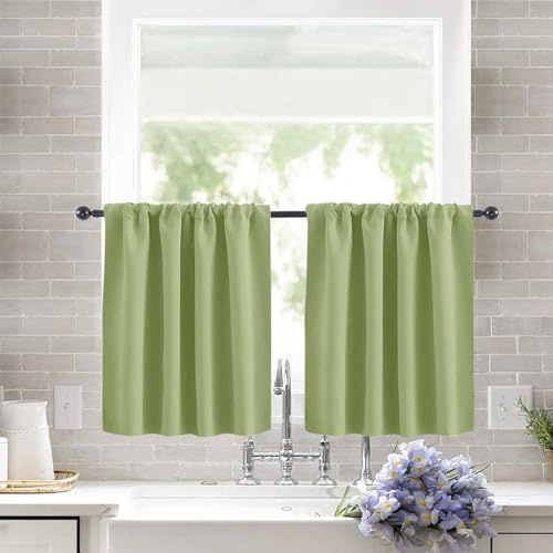 KnSam Fönstergardiner uppsättning av 2 köksgardiner ogenomskinliga fönstergardin modern vågformad textur korta storer eleganta bistrogardiner för vardagsrum grön B 76 cm x H 78 cm, 2 stycken