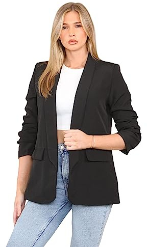 eyes Ruched Sleeve Suit Plain Open Jackets Work Office Coats Cardigan Suit Formal Jacket Top Solid Color Collar Italian Ladies Blazer (Black, UK 12 (Size L)