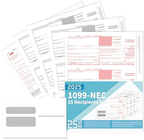 Formularios NEC 1099 2025 con sobres, 25 destinatarios 2025 1099 Formularios de impuestos NEC, kit de 4 partes, compatible con contabilidad, 25 sobres autoadhesivos, incluidos 3 formularios 1096