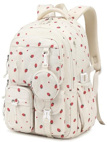 Sisipoet Sac à Dos Fille Velours Côtelé Motif Fraise Cartable Léger Voyage | Sac à Dos Enfant, Cartable Fille Primaire, Sac à Dos École et Collège ,22,9L, Multi-Poches, Sangle Valise, Poche Antivol