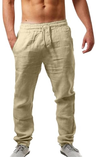 Generisch Pantalon en lin pour homme été léger et aéré pantalon décontracté en tissu élastique cordon de serrage respirant plage vacances mode classique pantalon homme tendance chic A96, beige, 4XL