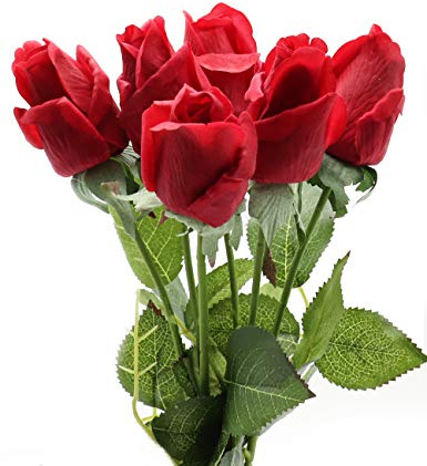 CCUCKY 6 Piezas Artificial Rosa, Flores de Seda de Tacto Real con Hojas Verdes, Bodas, Aniversario, Hogar, Oficina, Becoración, Bricolaje (Rojo)