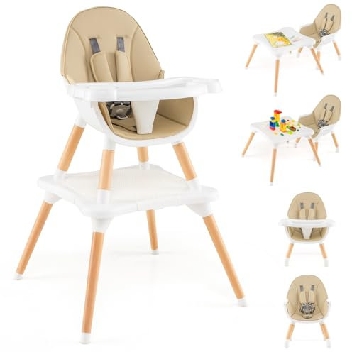 HONEY JOY Baby High Chair, 6-in-1 Convertible Wooden Highchair for Babies and Toddlers/Table Set/Toddler Chair with Safety Harness, 4-Position Removable Feeding Tray (Khaki)