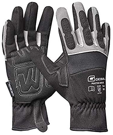 Gebol Master Shock Gants de travail avec rembourrage et renforts, gants de montage respirants en cuir synthétique et néoprène, pour homme et femme, taille L (taille 9), noir, 1 paire