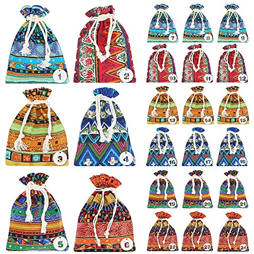 LZYMSZ 24PCS Sacchetto Regalo con Coulisse, Portamonete per Gioielli in Stile Etnico, Sacchetti Della Spesa Riutilizzabili in Juta con 24 Etichette per Regali, Snack(13 x 18)
