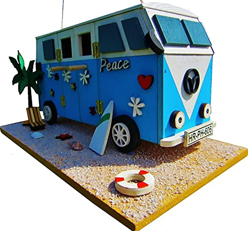 Hüwüknü Nistkasten Camper, Hipppi Mobil, Vogelhaus zum Aufhängen, für Singvögel wie Spatzen, Meisen, Handarbeit aus Holz, bunt, für Garten, Terasse, Balkon, Voliere